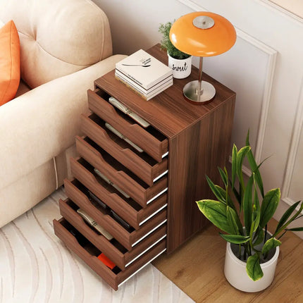 7-Drawer Chest Wooden Storage Dresser with Lockable Wheels-Walnut - Walnut - File Cabinets