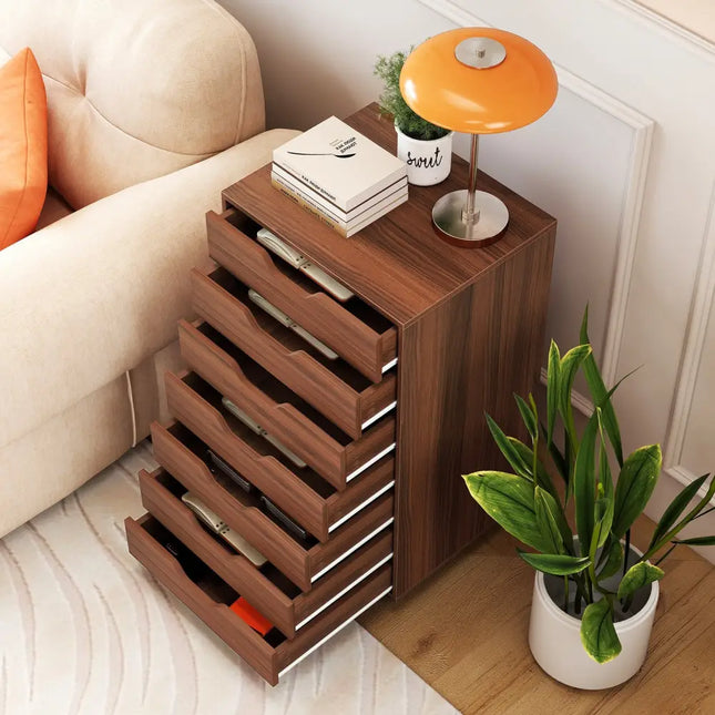 7-Drawer Chest Wooden Storage Dresser with Lockable Wheels-Walnut - Walnut - File Cabinets