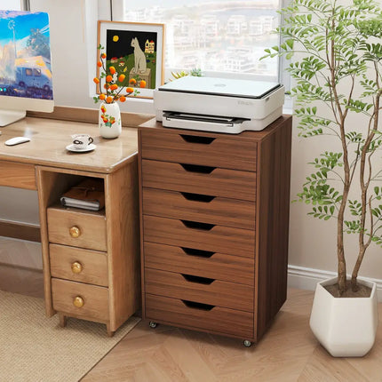 7-Drawer Chest Wooden Storage Dresser with Lockable Wheels-Walnut - Walnut - File Cabinets