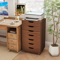 7-Drawer Chest Wooden Storage Dresser with Lockable Wheels-Walnut - Walnut - File Cabinets