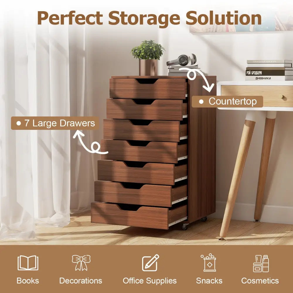 7-Drawer Chest Wooden Storage Dresser with Lockable Wheels-Walnut - Walnut - File Cabinets