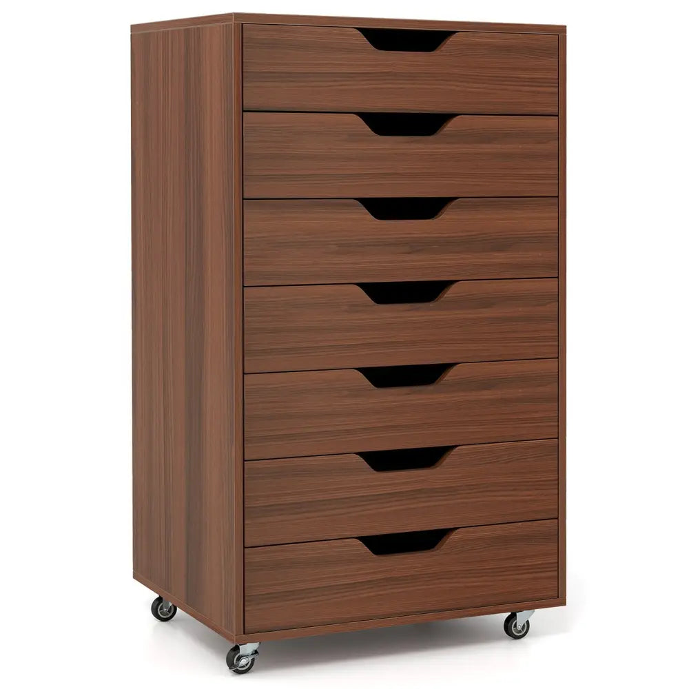 7-Drawer Chest Wooden Storage Dresser with Lockable Wheels-Walnut - Walnut - File Cabinets