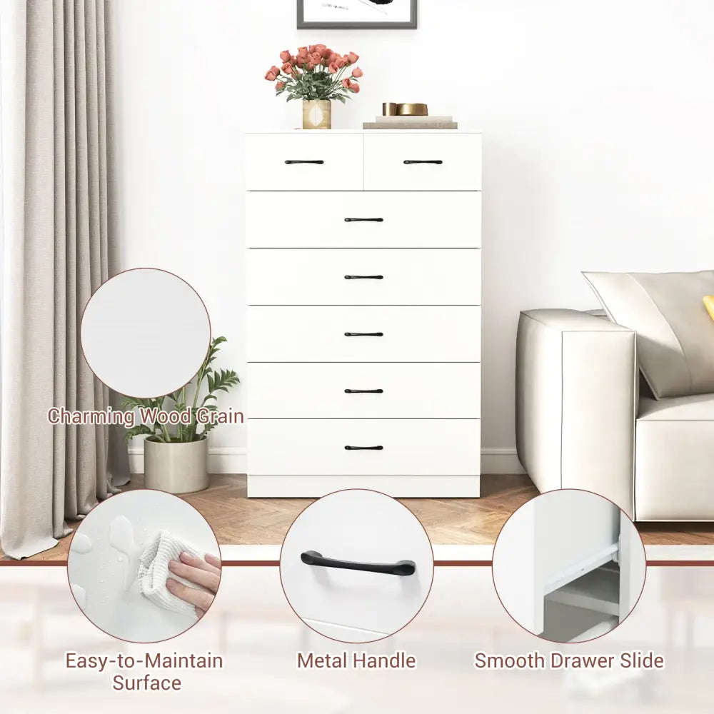 7-Drawer Tall Dresser with Metal Handles and Anti-Tipping Kits-White - White - Dressers & Chests