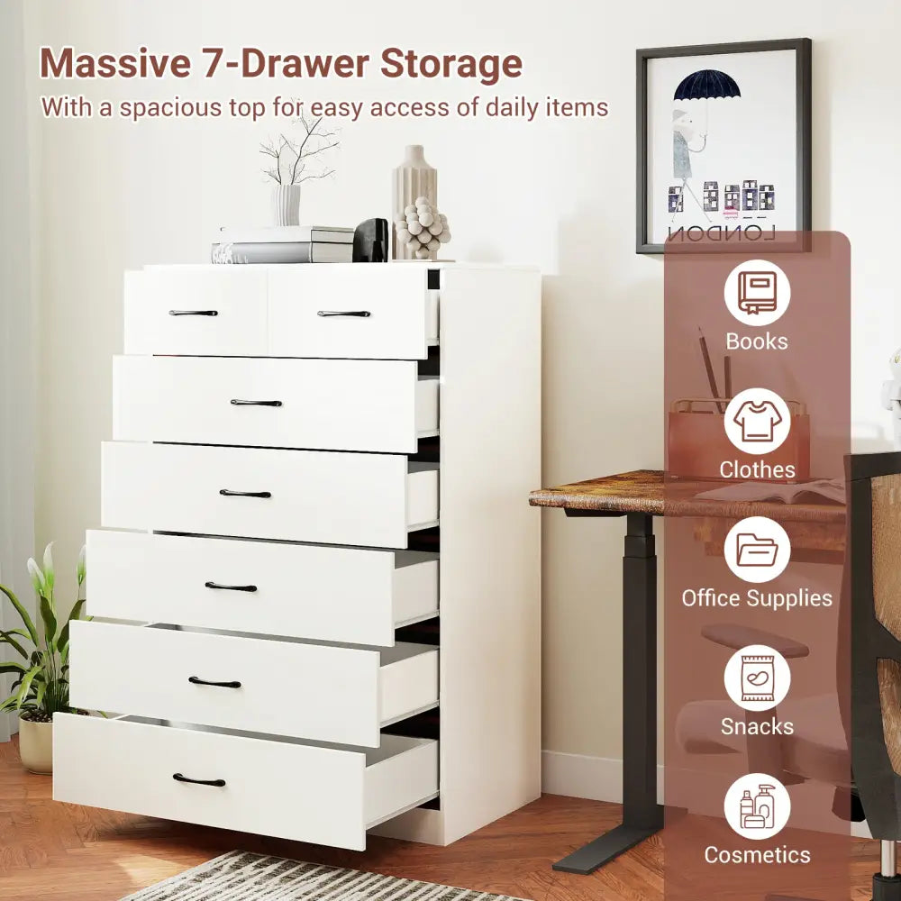 7-Drawer Tall Dresser with Metal Handles and Anti-Tipping Kits-White - White - Dressers & Chests