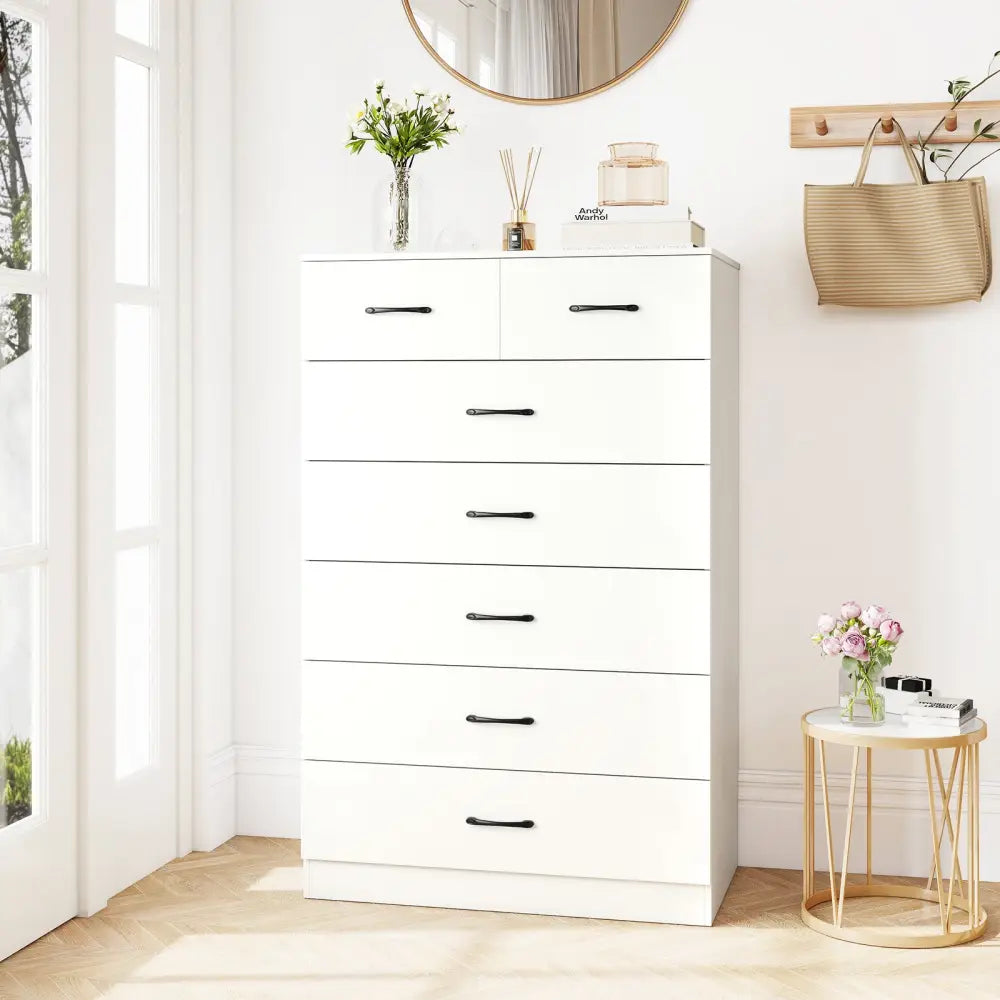 7-Drawer Tall Dresser with Metal Handles and Anti-Tipping Kits-White - White - Dressers & Chests