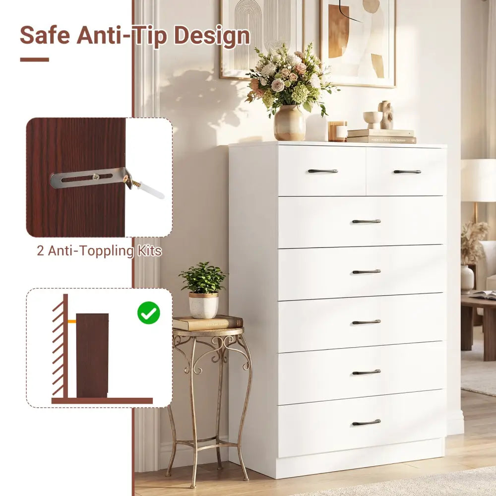 7-Drawer Tall Dresser with Metal Handles and Anti-Tipping Kits-White - White - Dressers & Chests