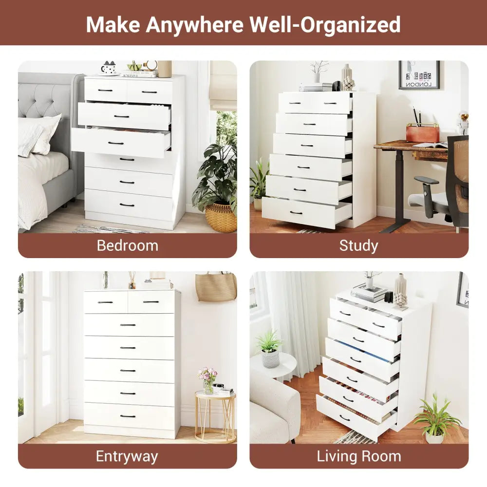 7-Drawer Tall Dresser with Metal Handles and Anti-Tipping Kits-White - White - Dressers & Chests