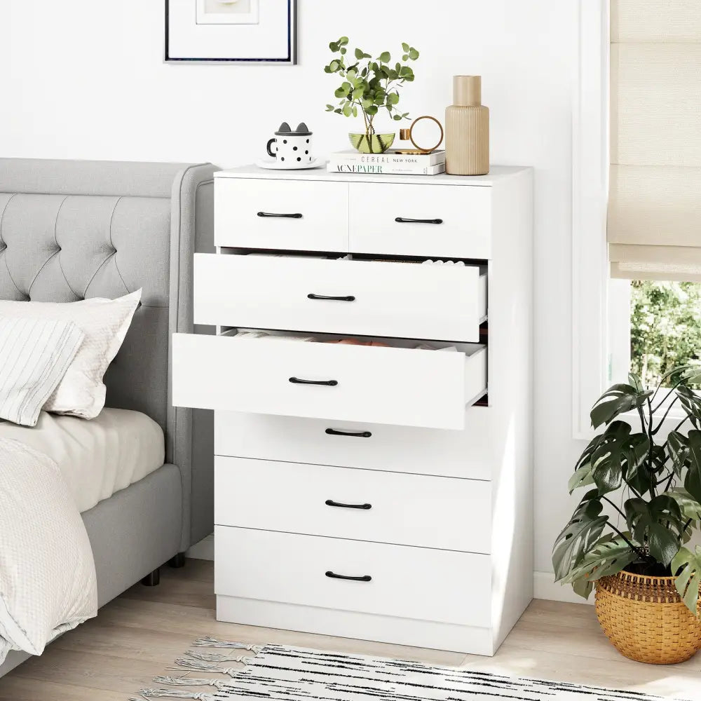 7-Drawer Tall Dresser with Metal Handles and Anti-Tipping Kits-White - White - Dressers & Chests