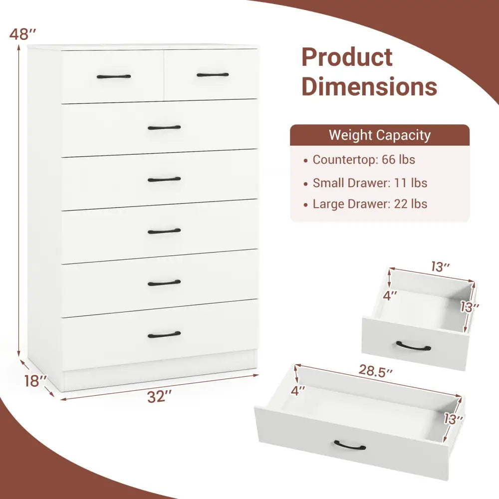 7-Drawer Tall Dresser with Metal Handles and Anti-Tipping Kits-White - White - Dressers & Chests
