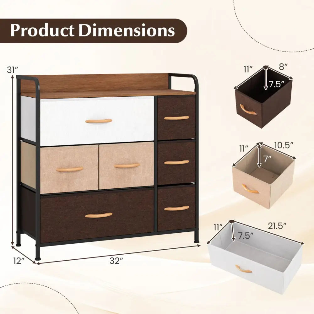 7 Drawer Tower Steel Frame and Wooden Top Dresser Storage Chest for Bedroom - Multicolor - Dressers & Chests