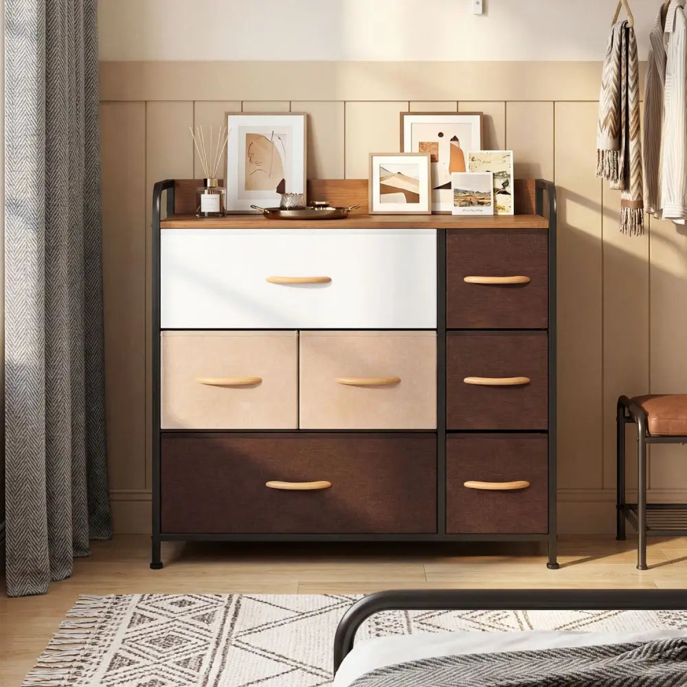 7 Drawer Tower Steel Frame and Wooden Top Dresser Storage Chest for Bedroom - Multicolor - Dressers & Chests