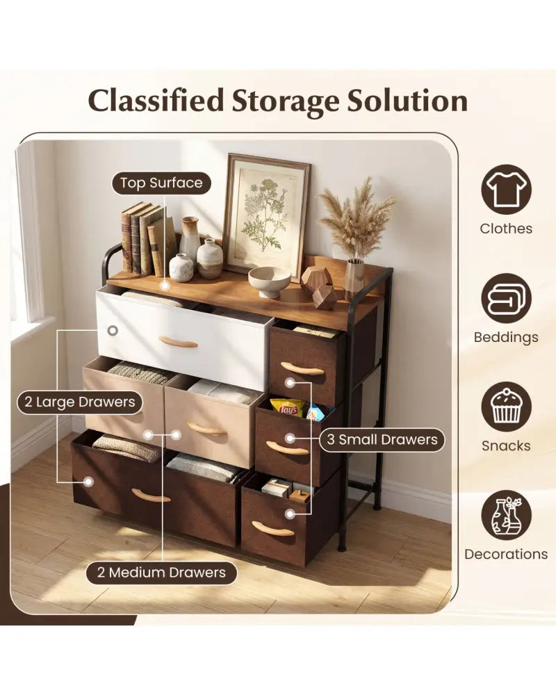 7 Drawer Tower Steel Frame and Wooden Top Dresser Storage Chest for Bedroom - Multicolor - Dressers & Chests