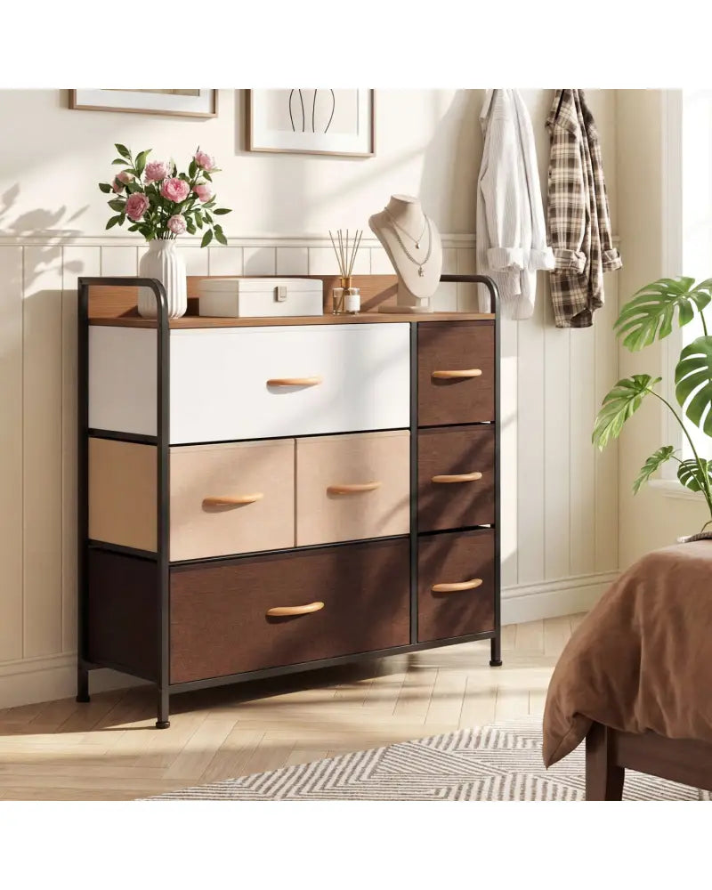 7 Drawer Tower Steel Frame and Wooden Top Dresser Storage Chest for Bedroom - Multicolor - Dressers & Chests