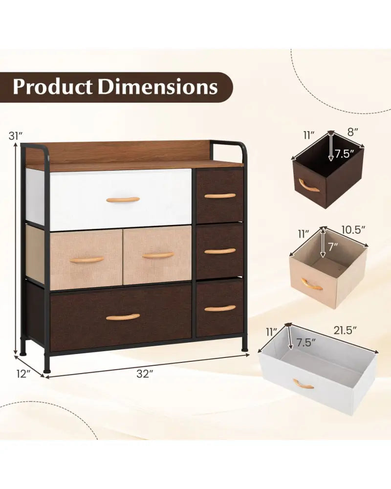 7 Drawer Tower Steel Frame and Wooden Top Dresser Storage Chest for Bedroom - Multicolor - Dressers & Chests