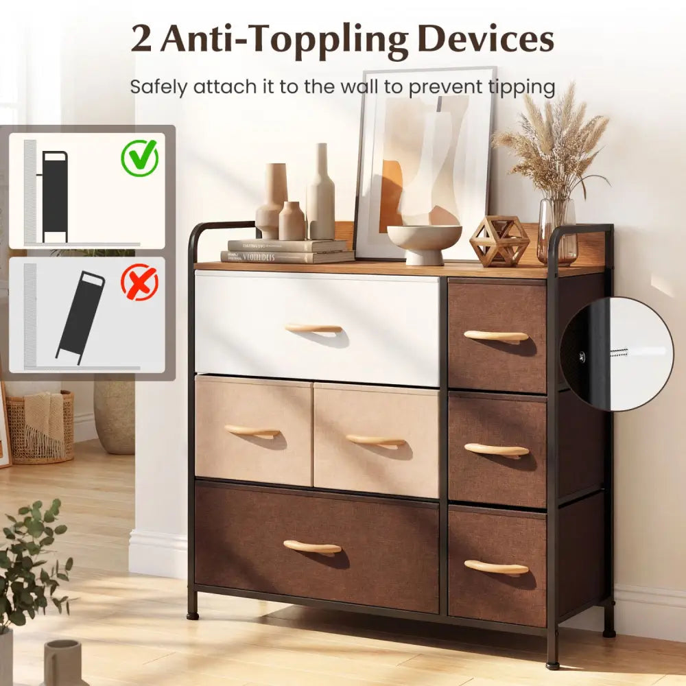 7 Drawer Tower Steel Frame and Wooden Top Dresser Storage Chest for Bedroom - Multicolor - Dressers & Chests