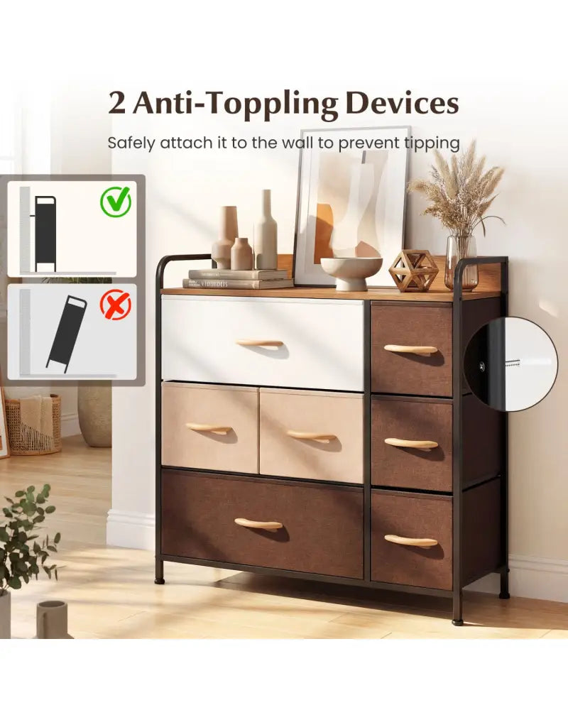 7 Drawer Tower Steel Frame and Wooden Top Dresser Storage Chest for Bedroom - Multicolor - Dressers & Chests