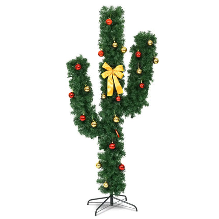 7 Feet Artificial Cactus PVC Christmas Tree with LED Lights and Ball Ornaments-7 ft - Green - Christmas Tree