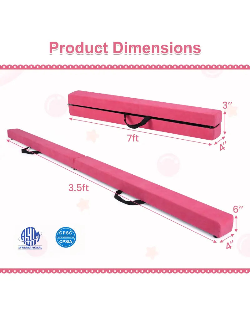 7 Feet Folding Portable Floor Balance Beam with Handles for Gymnasts-Rose - Rose Red - Yoga & Gym Mats