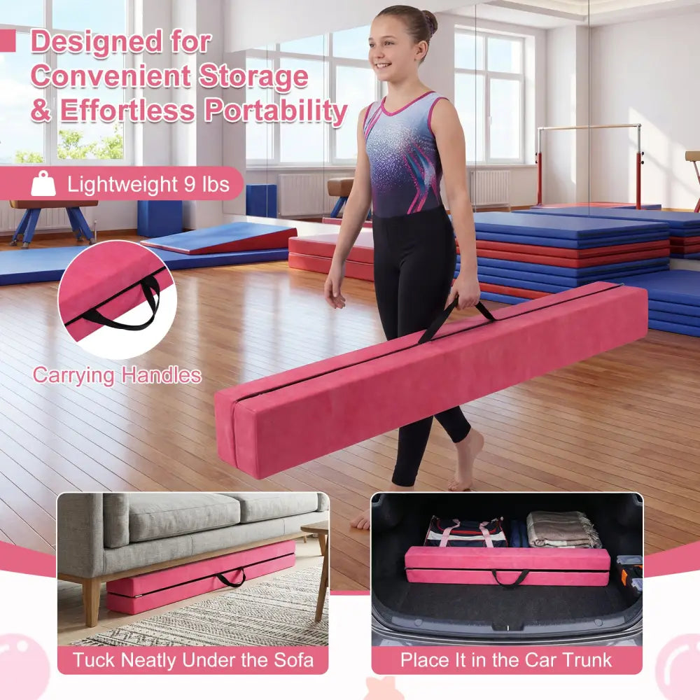7 Feet Folding Portable Floor Balance Beam with Handles for Gymnasts-Rose - Rose Red - Yoga & Gym Mats