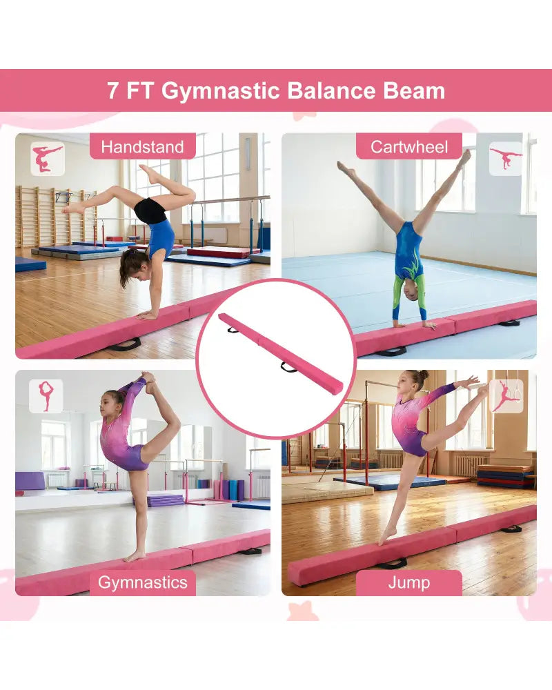 7 Feet Folding Portable Floor Balance Beam with Handles for Gymnasts-Rose - Rose Red - Yoga & Gym Mats