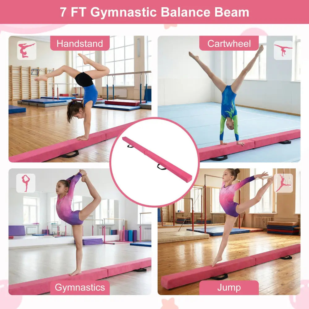 7 Feet Folding Portable Floor Balance Beam with Handles for Gymnasts-Rose - Rose Red - Yoga & Gym Mats