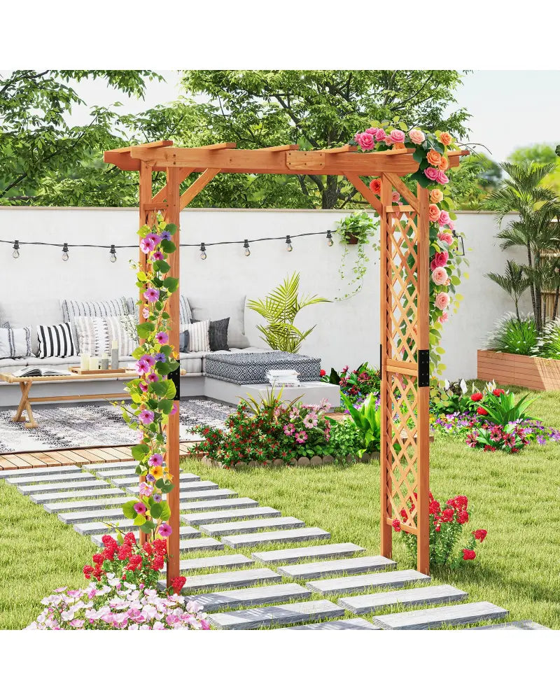 7 Feet Garden Wooden High Arbor Arch Plant Pergola - Natural - GardenÂ Arbors