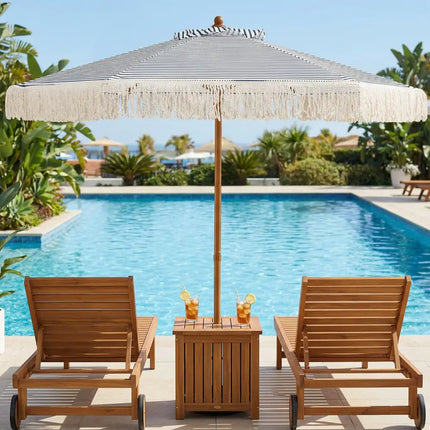 7 Feet Patio Umbrella with Fringe Sun-Protective Beach Umbrella with Boho Tassel-Blue - Blue - Outdoor Umbrellas