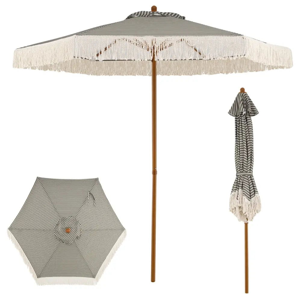 7 Feet Patio Umbrella with Fringe Sun-Protective Beach Umbrella with Boho Tassel-Green - Green - Outdoor Umbrellas
