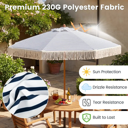 7 Feet Patio Umbrella with Fringe Sun-Protective Beach Umbrella with Boho Tassel-Blue - Blue - Outdoor Umbrellas
