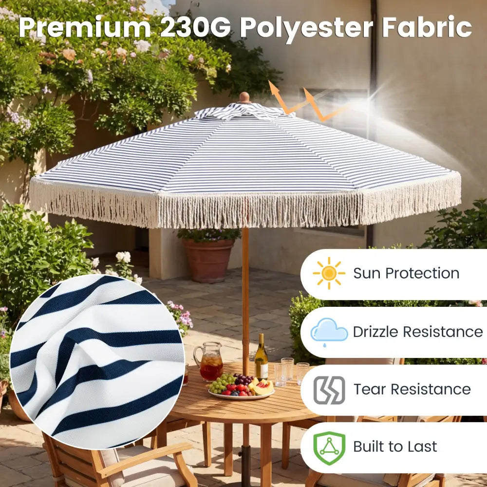7 Feet Patio Umbrella with Fringe Sun-Protective Beach Umbrella with Boho Tassel-Blue - Blue - Outdoor Umbrellas
