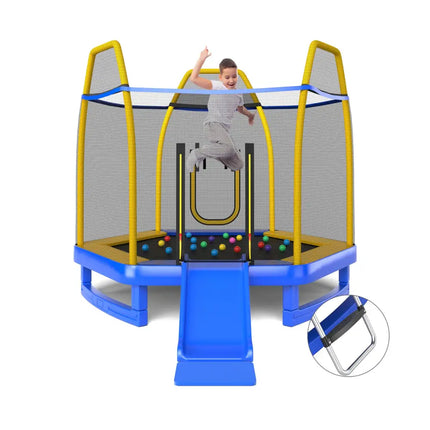 7 Feet Trampoline with Ladder and Slide for Indoor and Outdoor-Blue - Blue - Trampolines