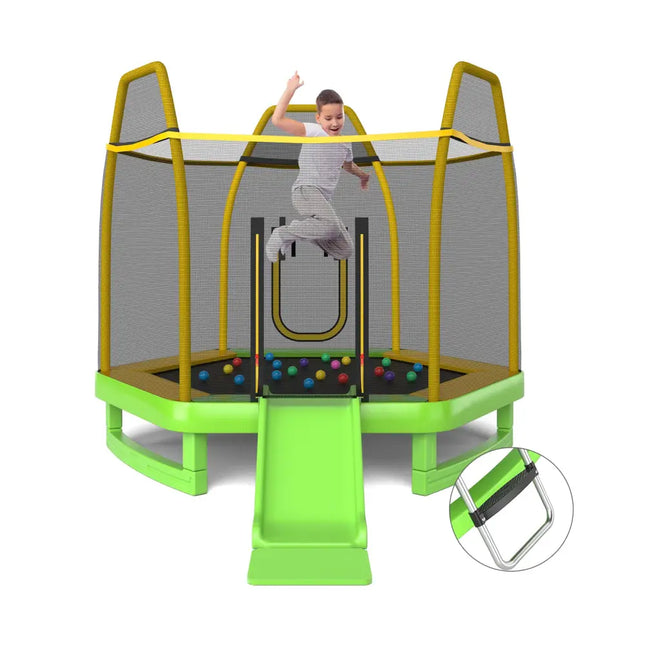 7 Feet Trampoline with Ladder and Slide for Indoor and Outdoor-Green - Green - Trampolines