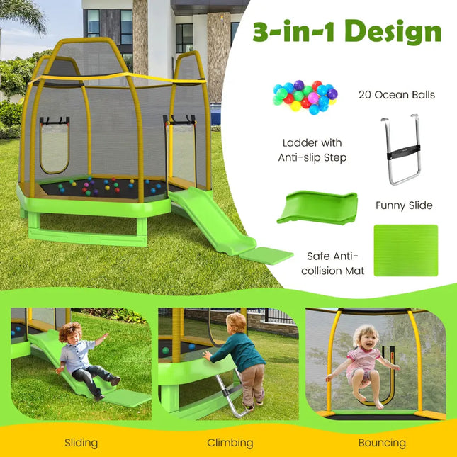 7 Feet Trampoline with Ladder and Slide for Indoor and Outdoor-Green - Green - Trampolines