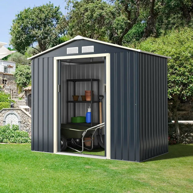 7 Feet x 4 Feet Metal Storage Shed with Sliding Double Lockable Doors-Gray - Gray - Sheds & Outdoor Storage
