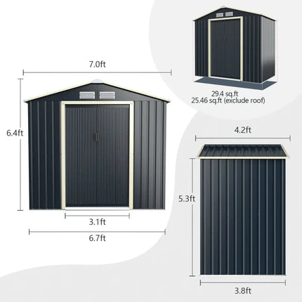 7 Feet x 4 Feet Metal Storage Shed with Sliding Double Lockable Doors-Gray - Gray - Sheds & Outdoor Storage