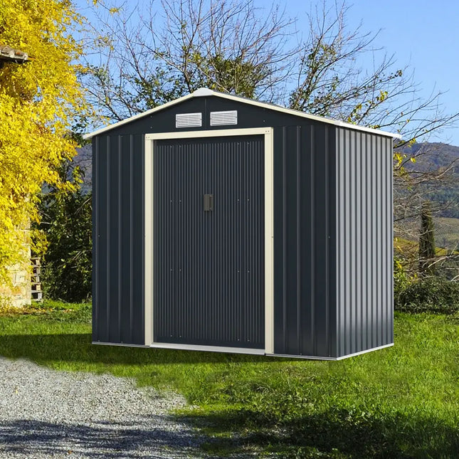 7 Feet x 4 Feet Metal Storage Shed with Sliding Double Lockable Doors-Gray - Gray - Sheds & Outdoor Storage