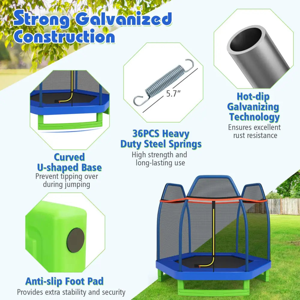 7 Ft Kids Trampoline W/ Safety Enclosure Net-Blue - Blue - Trampolines