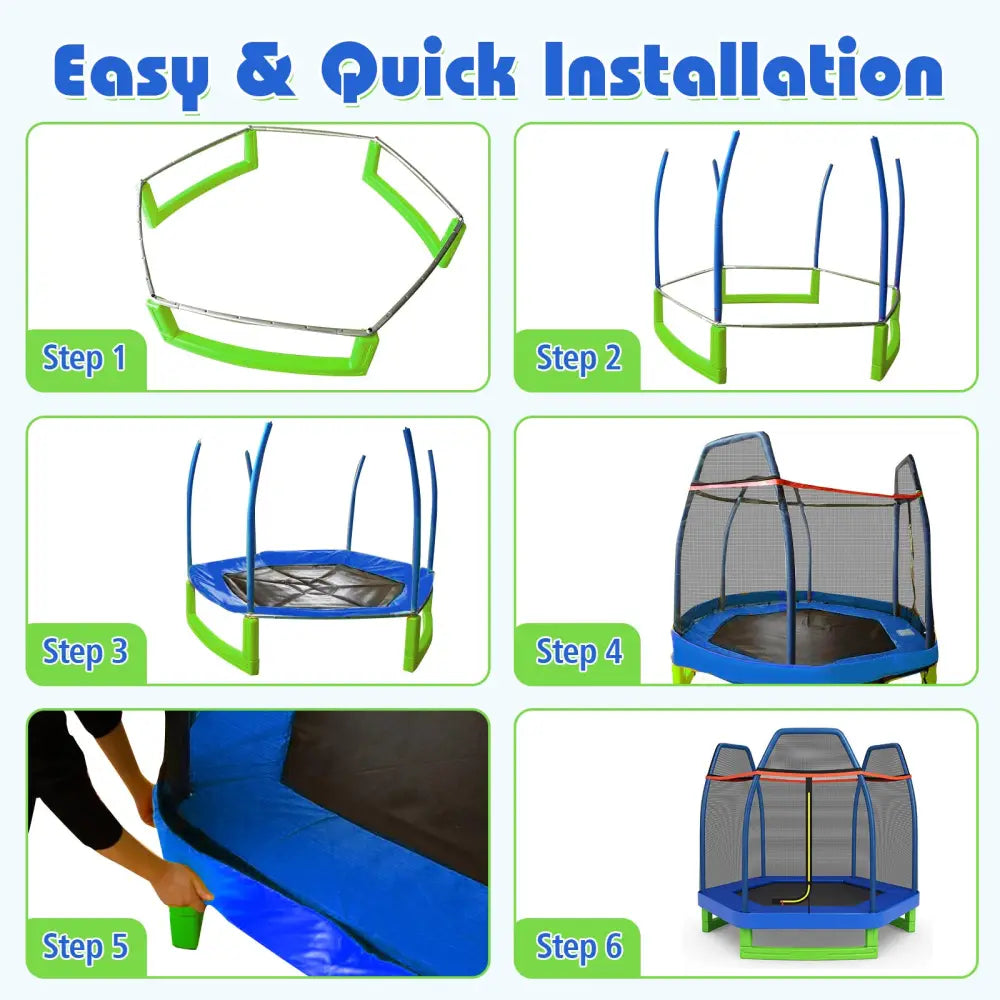 7 Ft Kids Trampoline W/ Safety Enclosure Net-Blue - Blue - Trampolines