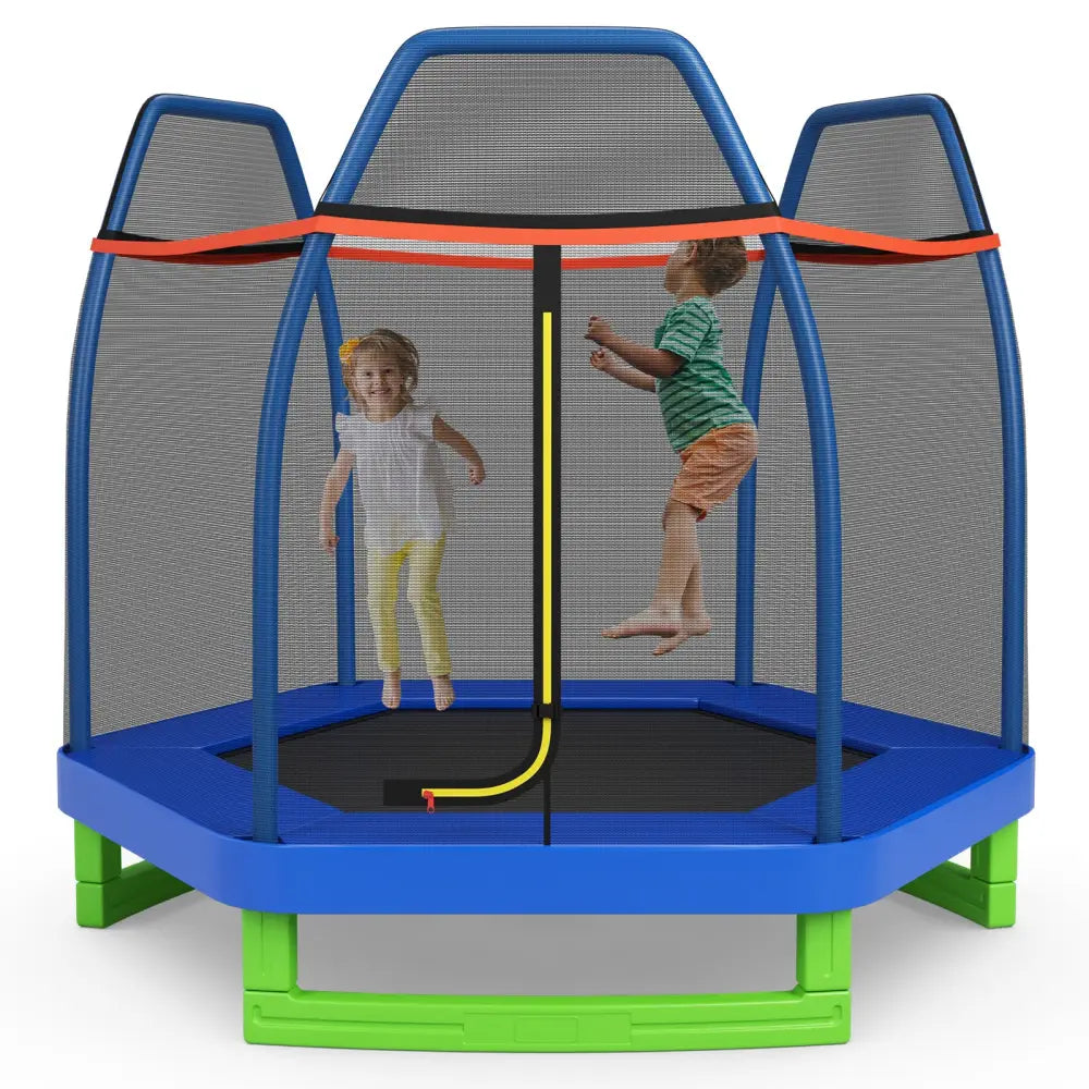 7 Ft Kids Trampoline W/ Safety Enclosure Net-Blue - Blue - Trampolines
