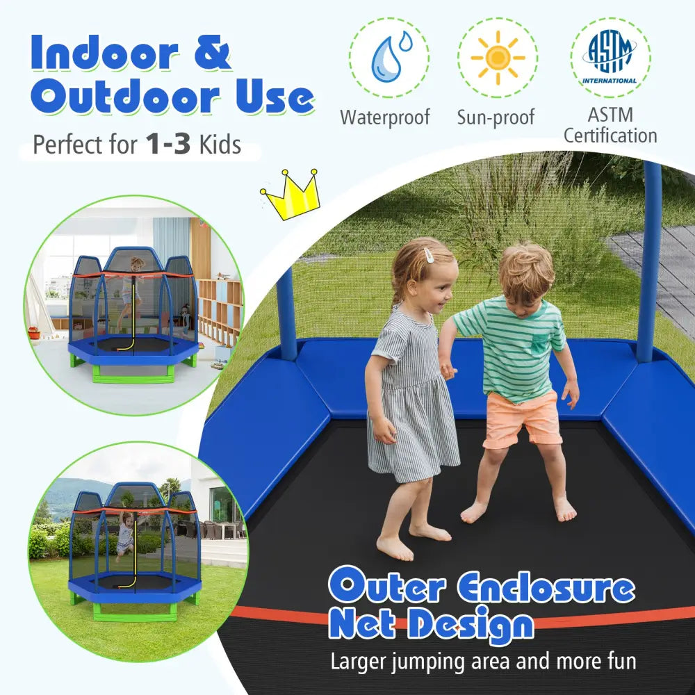 7 Ft Kids Trampoline W/ Safety Enclosure Net-Blue - Blue - Trampolines