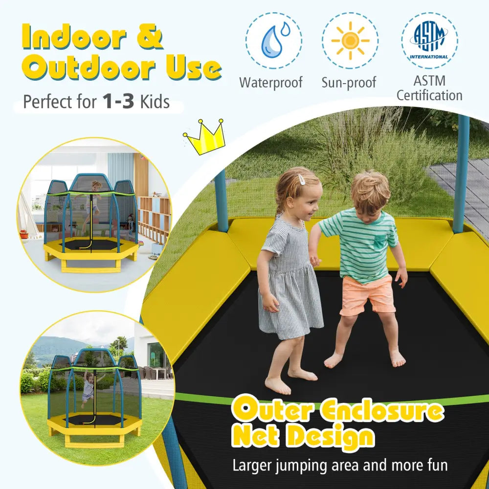 7 ft Kids Trampoline W/ Safety Enclosure Net-Yellow - Yellow - Trampolines