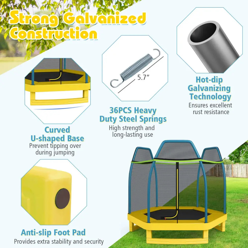 7 ft Kids Trampoline W/ Safety Enclosure Net-Yellow - Yellow - Trampolines