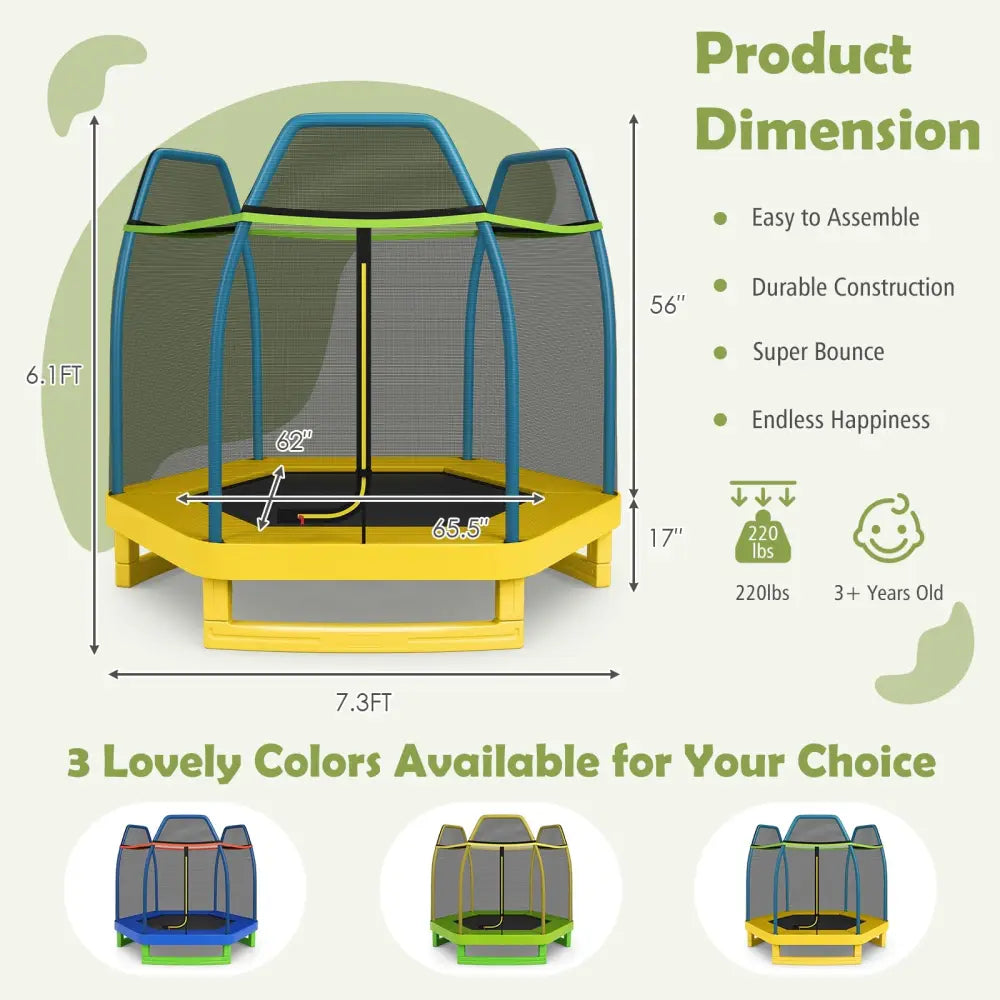 7 ft Kids Trampoline W/ Safety Enclosure Net-Yellow - Yellow - Trampolines