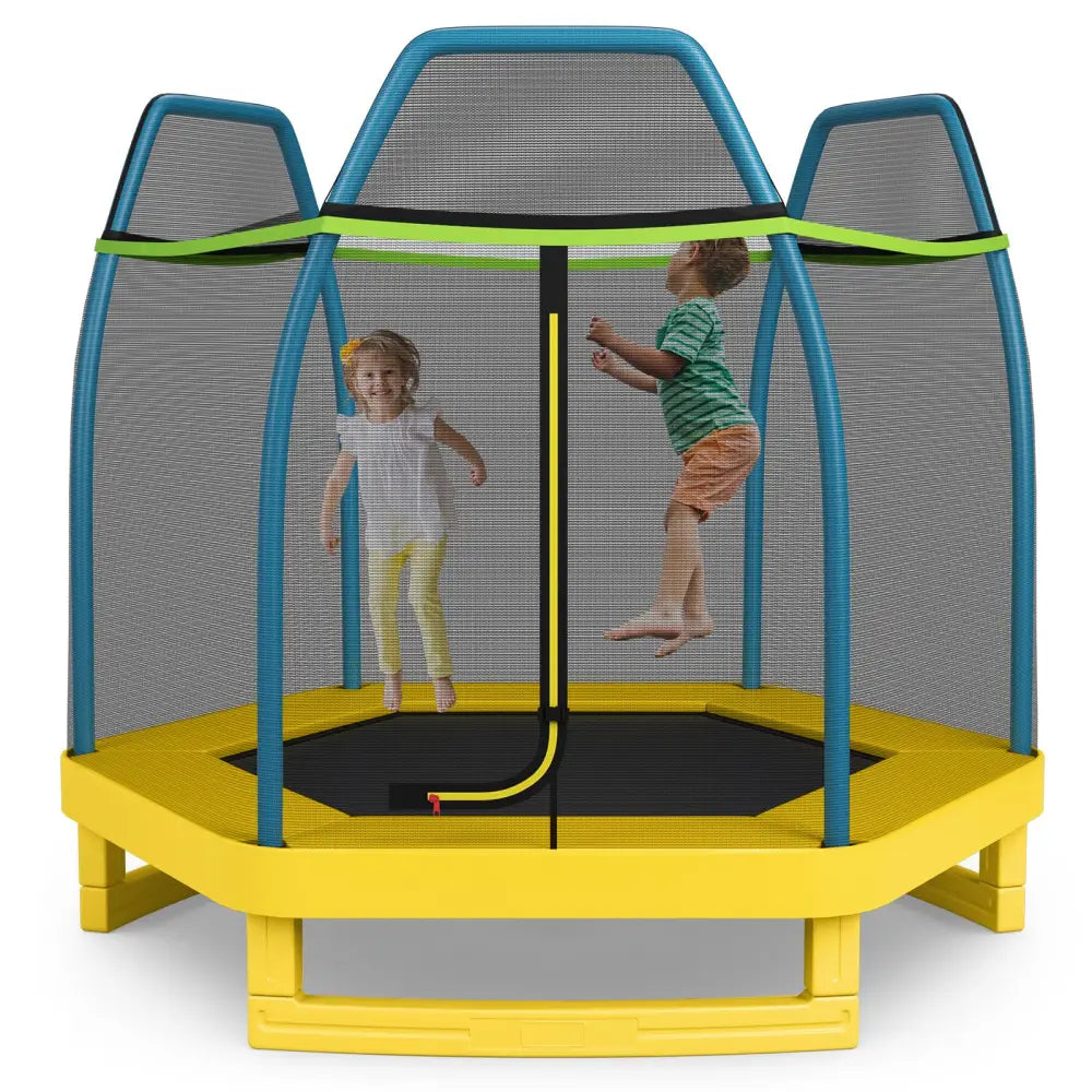 7 ft Kids Trampoline W/ Safety Enclosure Net-Yellow - Yellow - Trampolines