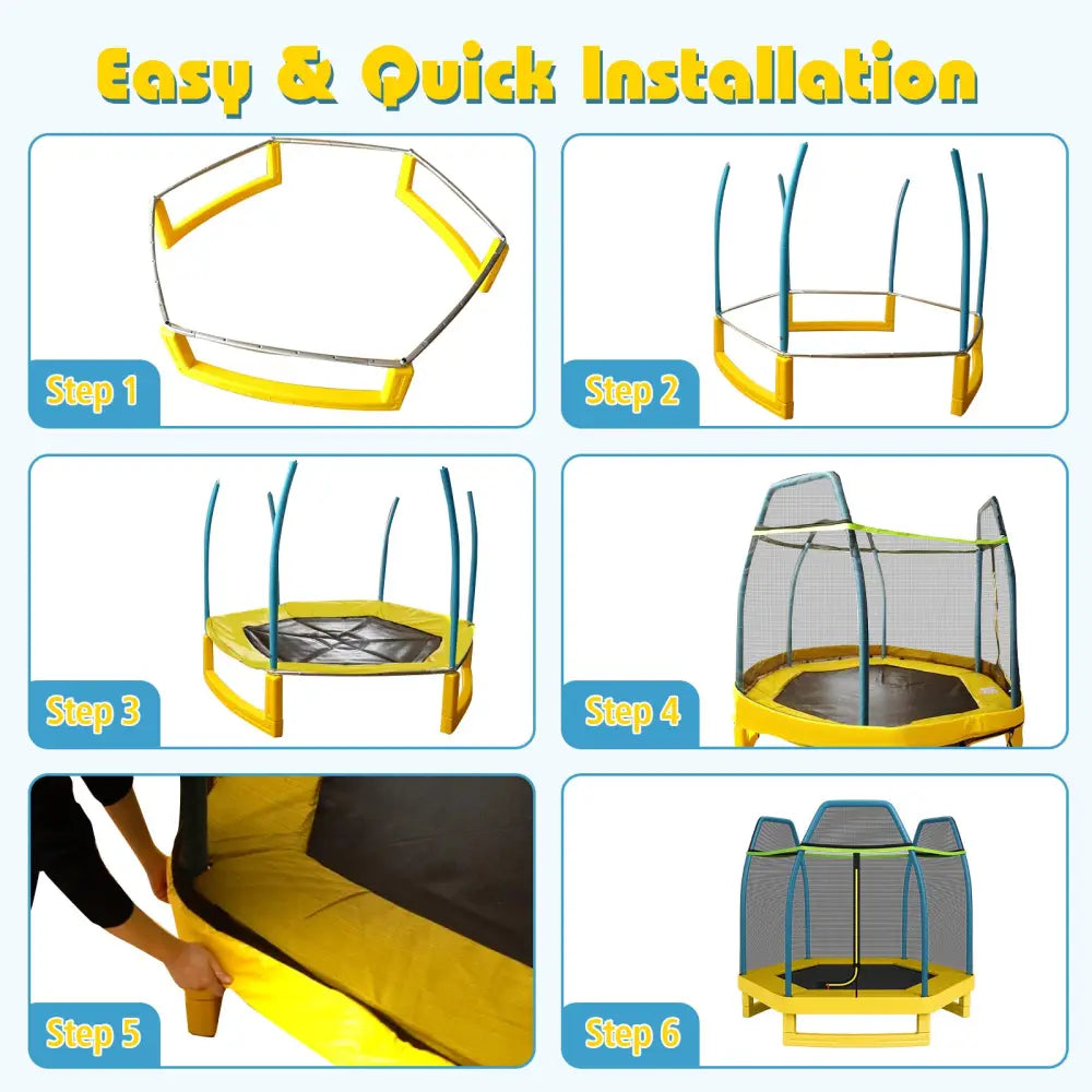 7 ft Kids Trampoline W/ Safety Enclosure Net-Yellow - Yellow - Trampolines