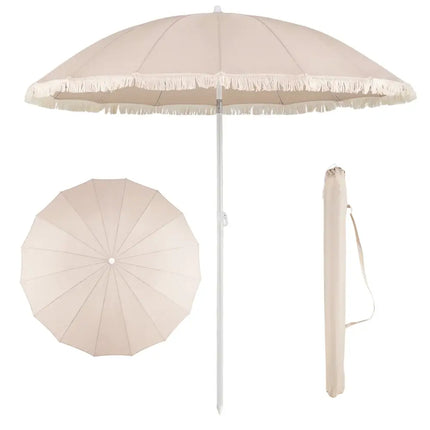 7 FT Patio Umbrella with Fringe Boho Tassel Umbrella for Outdoor Beach Garden Poolside-Beige - Beige - Outdoor Umbrellas