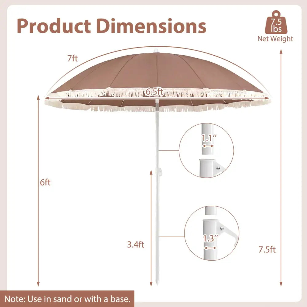 7 FT Patio Umbrella with Fringe Boho Tassel Umbrella for Outdoor Beach Garden Poolside-Brown - Brown - Outdoor Umbrellas