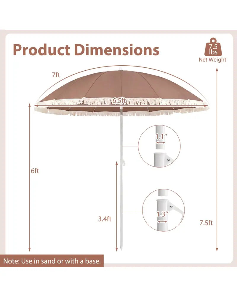 7 FT Patio Umbrella with Fringe Boho Tassel Umbrella for Outdoor Beach Garden Poolside-Brown - Brown - Outdoor Umbrellas