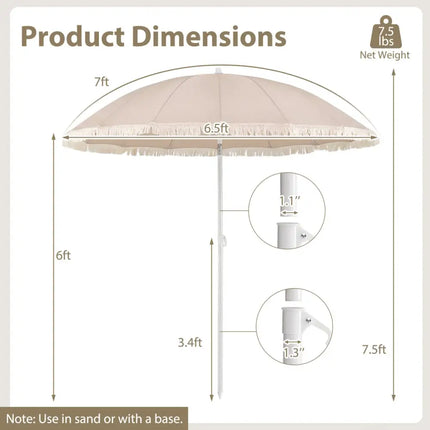 7 FT Patio Umbrella with Fringe Boho Tassel Umbrella for Outdoor Beach Garden Poolside-Beige - Beige - Outdoor Umbrellas