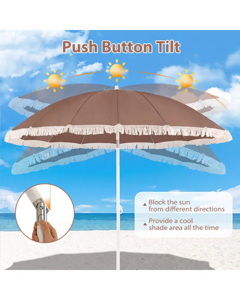 7 FT Patio Umbrella with Fringe Boho Tassel Umbrella for Outdoor Beach Garden Poolside-Brown - Brown - Outdoor Umbrellas